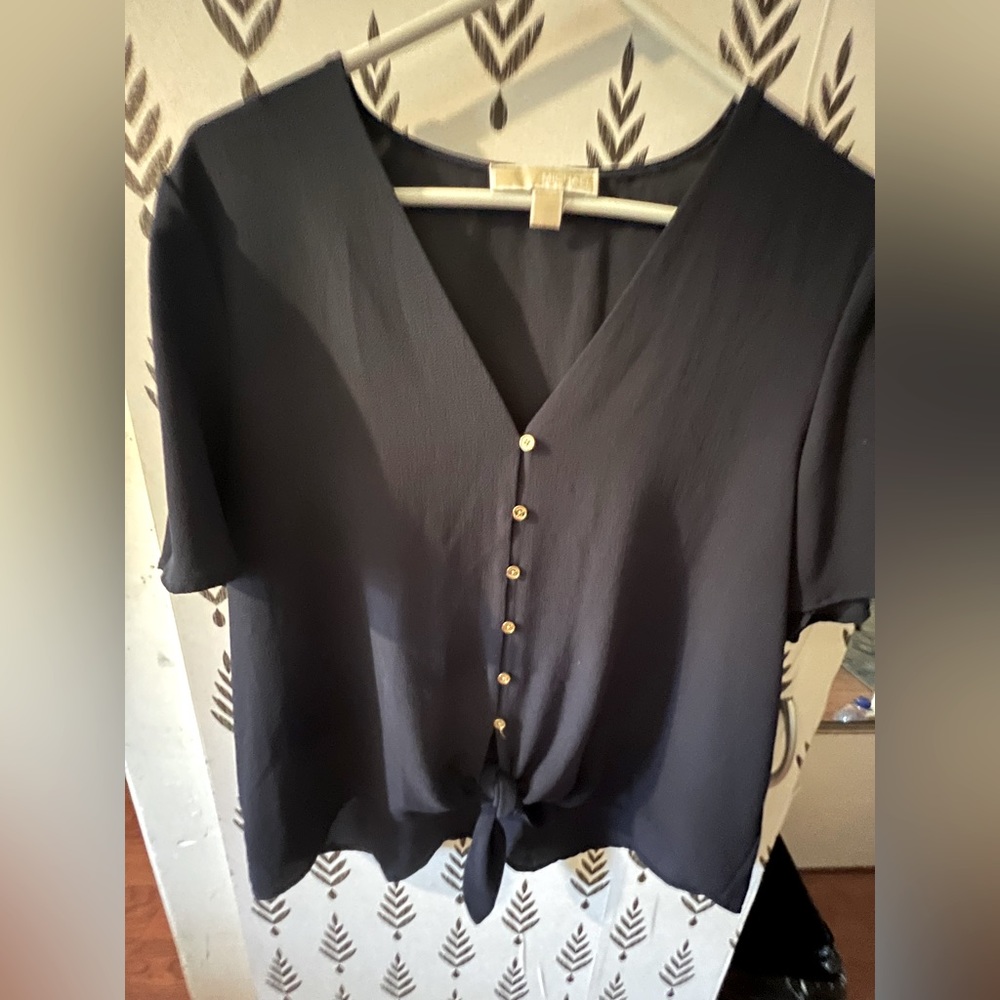 Michael Kors Navy button up tie blouse. Large